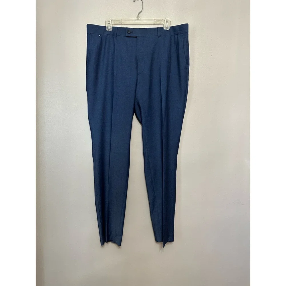 Saville Row Mens Brixton Dress Pants Blue Stretch Pleated Flat Front ZIp 44x32